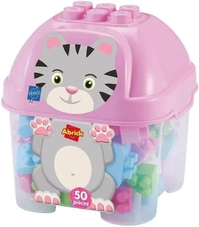 Ecoiffier Abrick pink cat-shaped barrel with 50 building pieces
