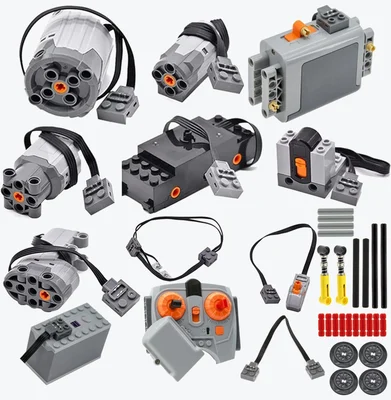 32-piece Power Functions-style motor kit with motors, battery boxes, receiver and remote